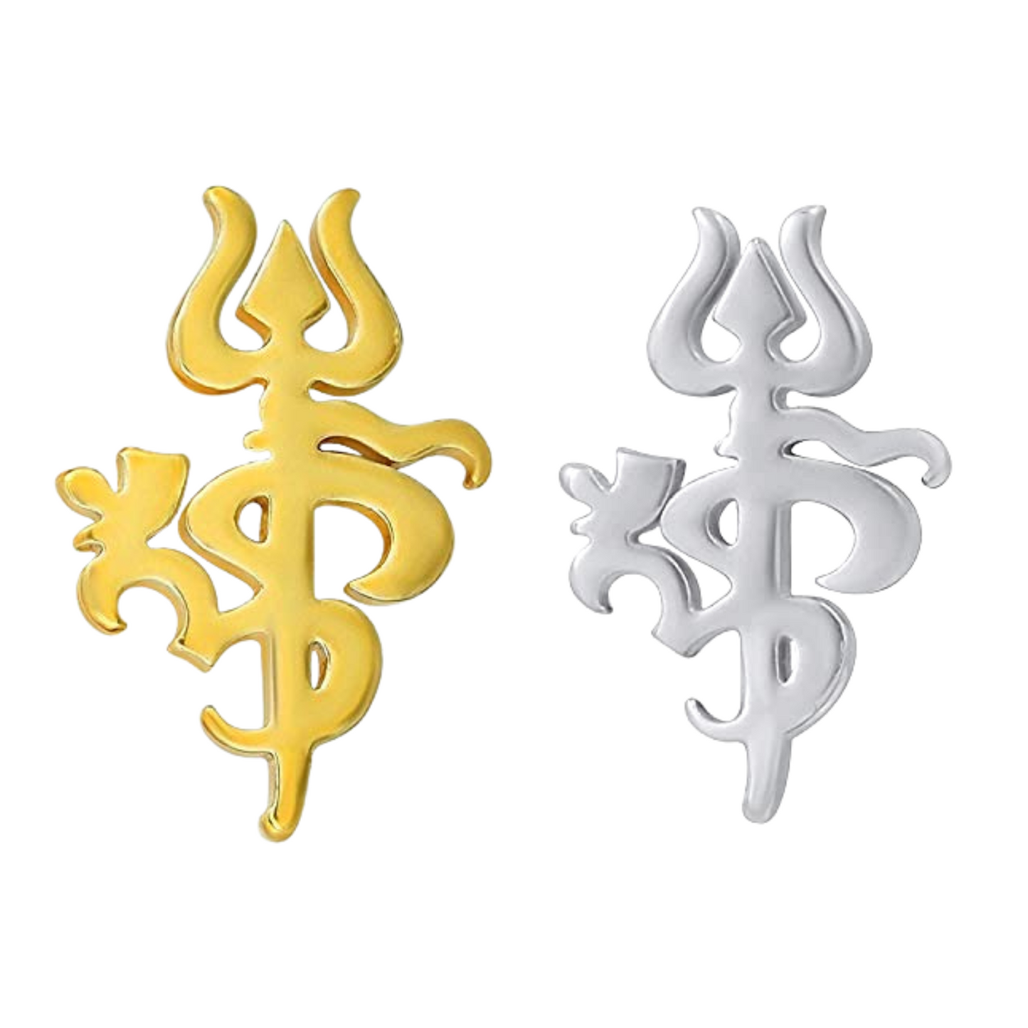 Gold and silver trident om symbols on a white background
