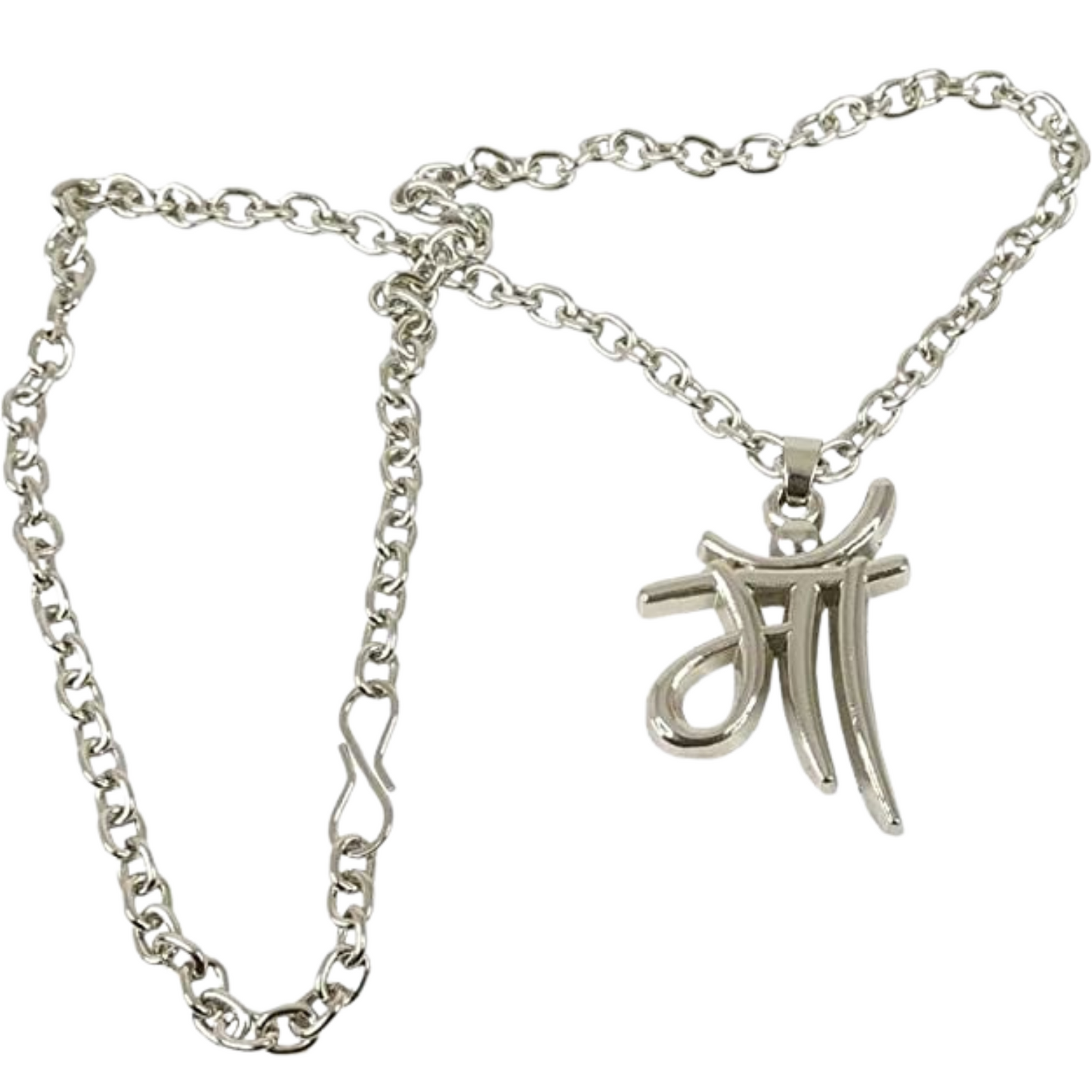 Silver chain necklace with a pendant on a white background
