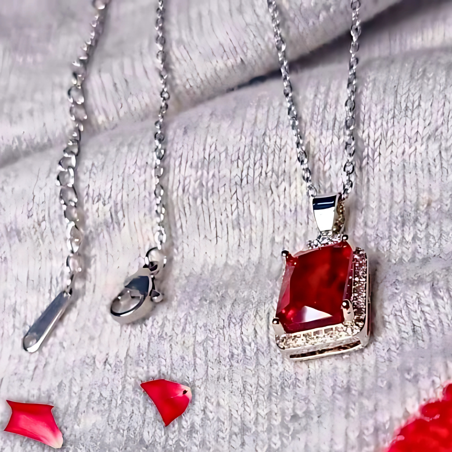 Silver necklace with a red pendant on a textured white background
