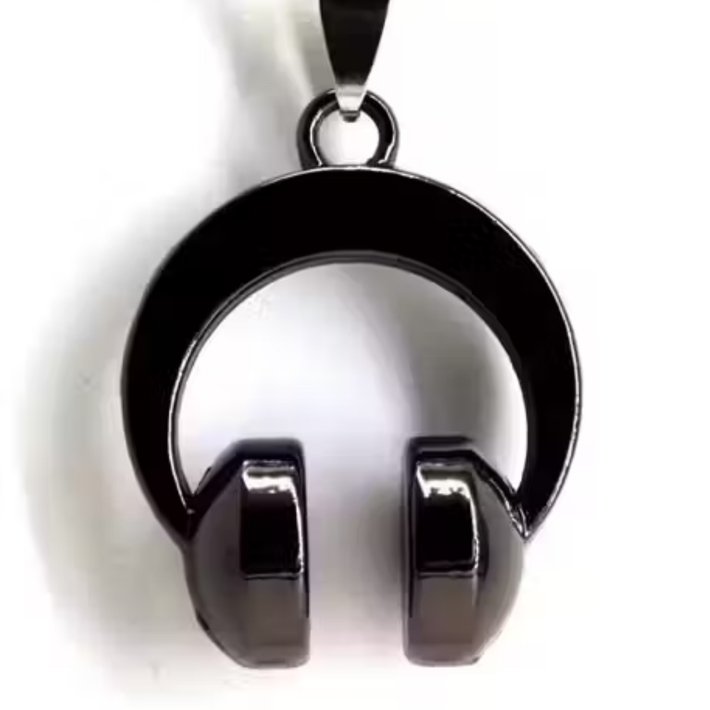 Black and silver headphone-shaped pendant on a white background