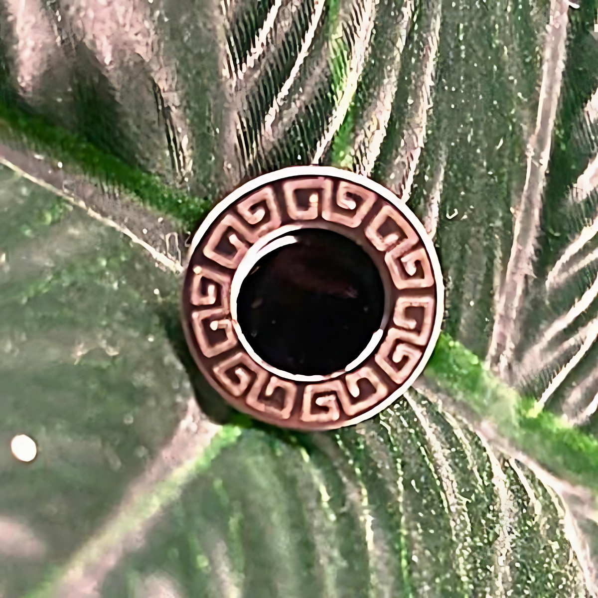 Decorative circular object with intricate patterns on a green leaf background