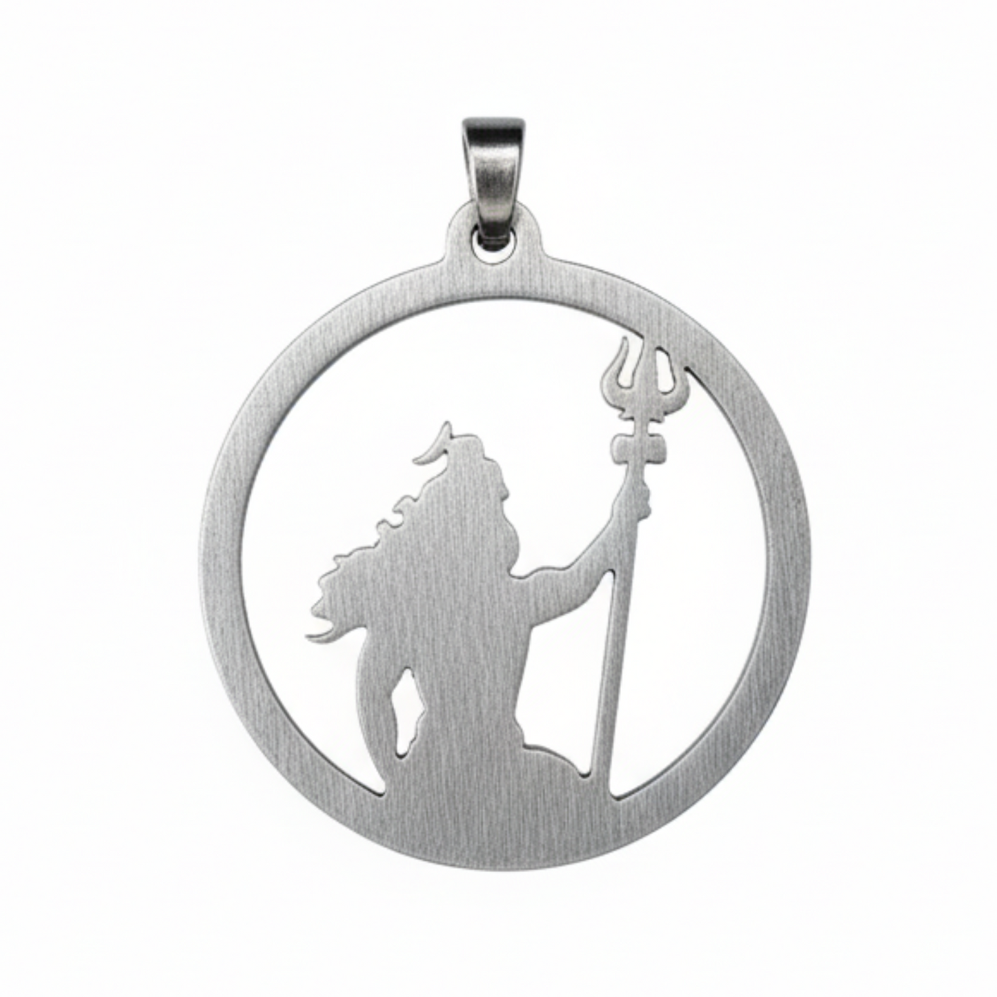 Silver pendant with silhouette of a deity holding a trident on a white background