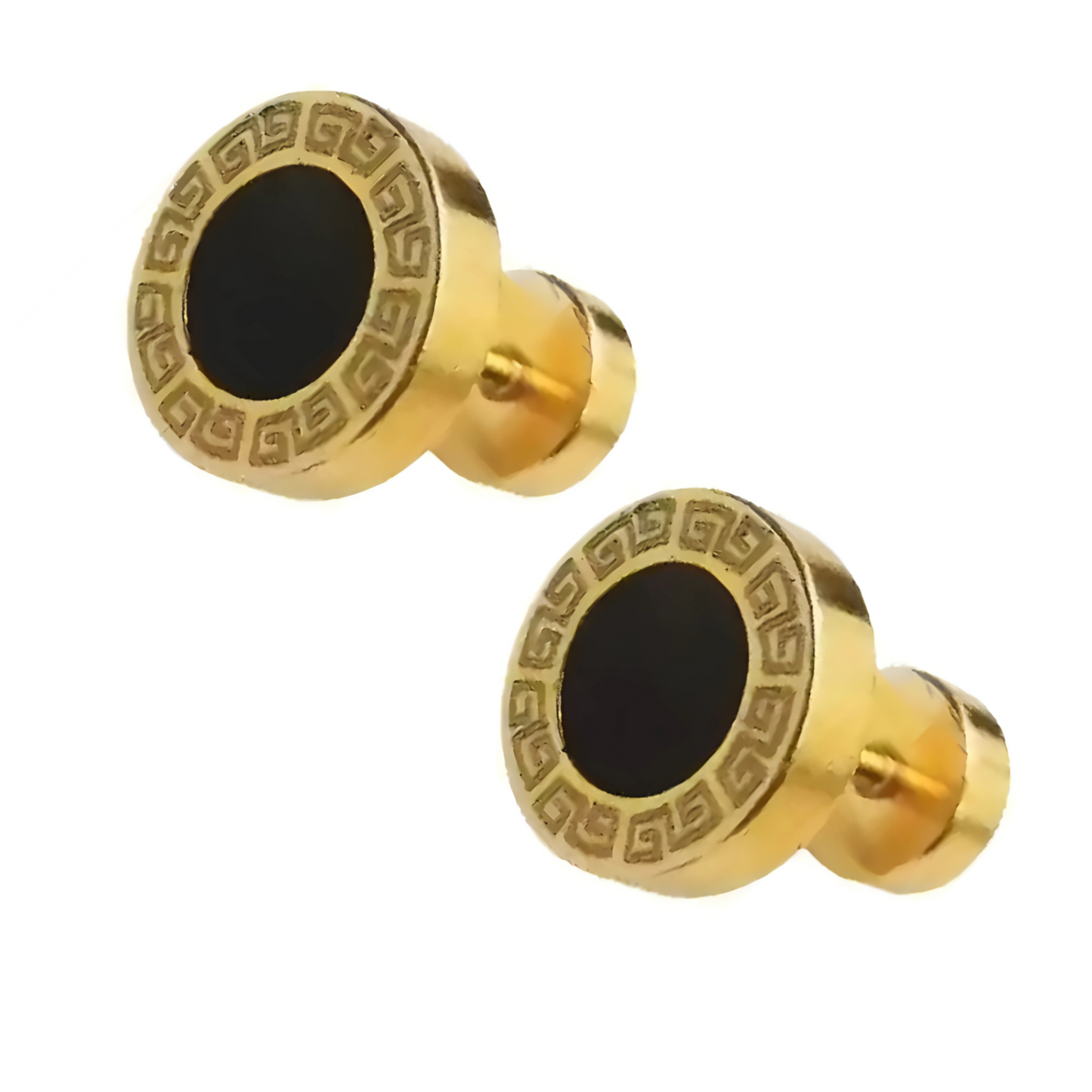 Gold earrings with black centers on a white background