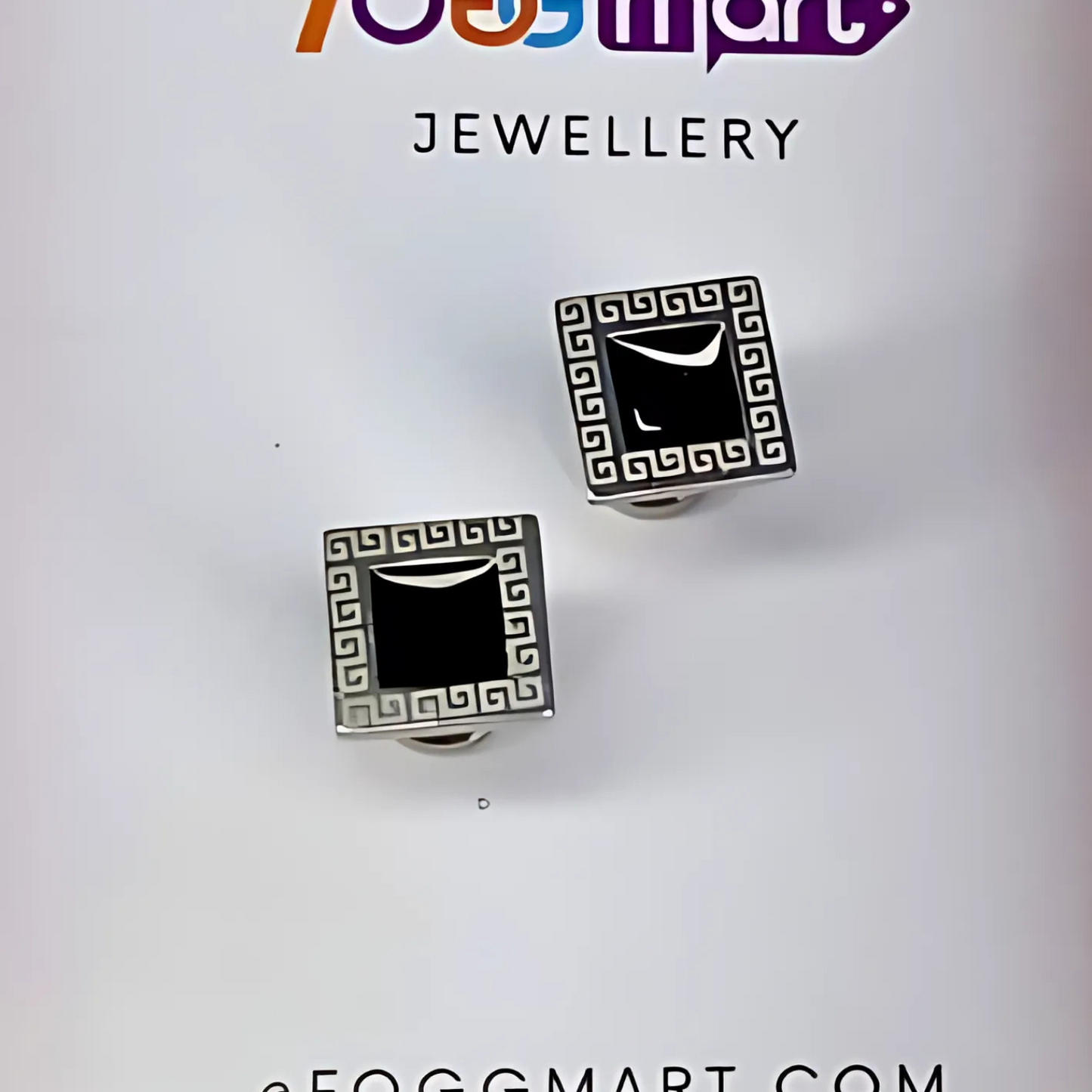 Jewellery with geometric design on a white background, branded as 'Foggmart'.
