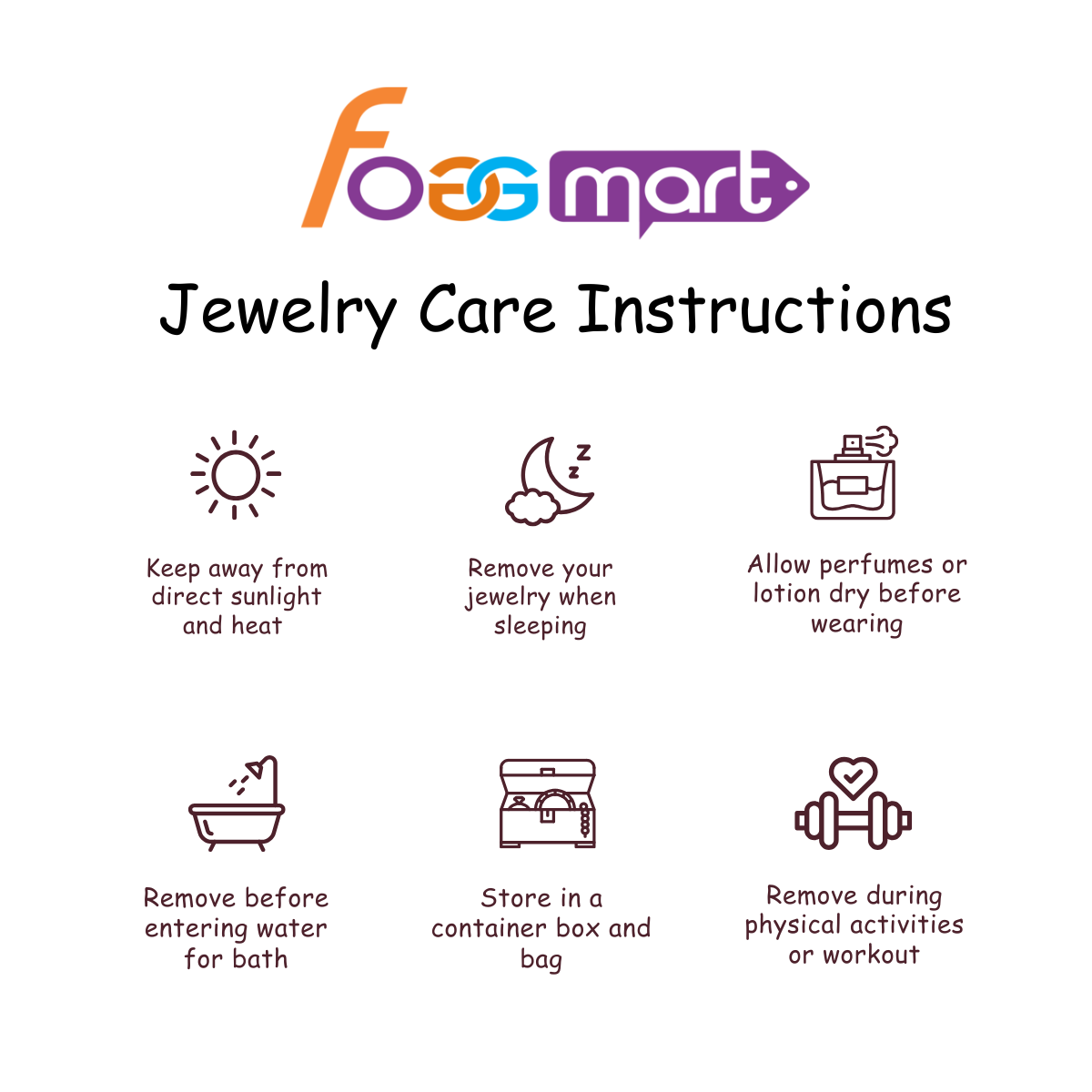 Jewelry care instructions from Foggmart on a white background