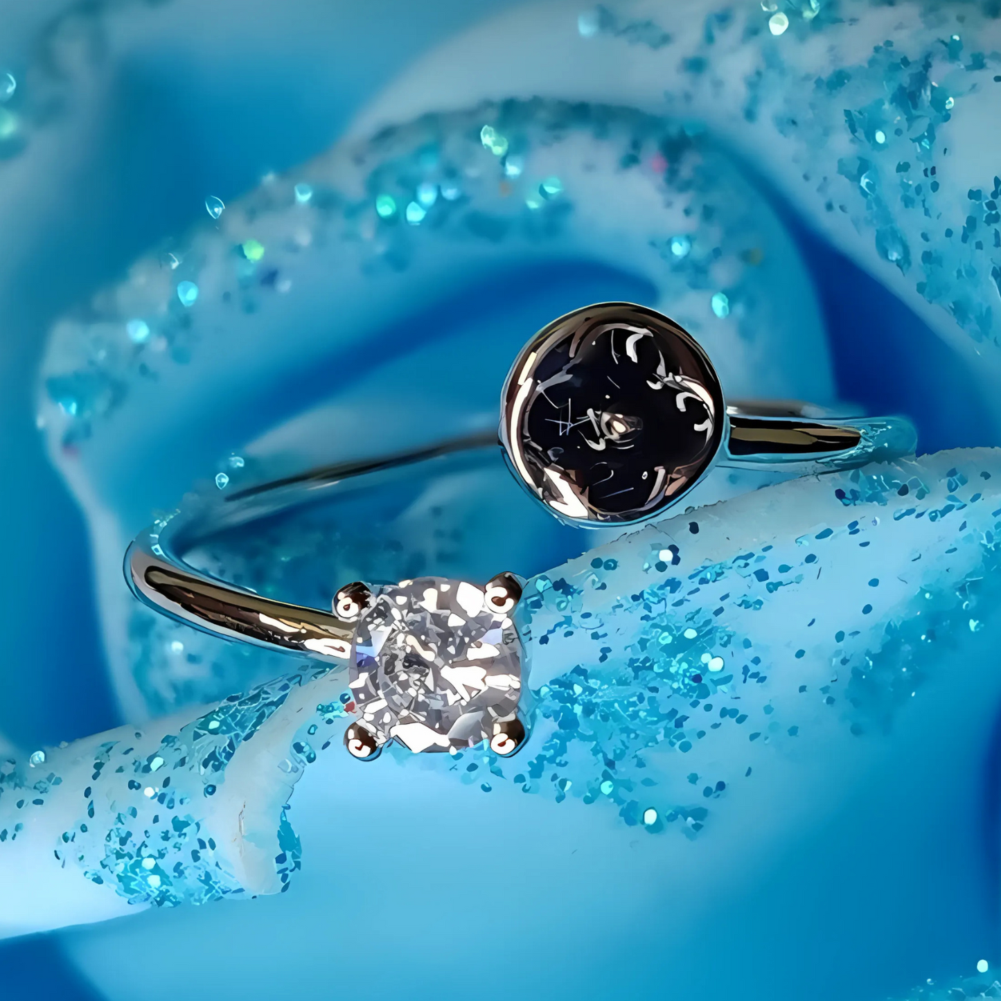 Silver ring with a diamond on a blue rose background