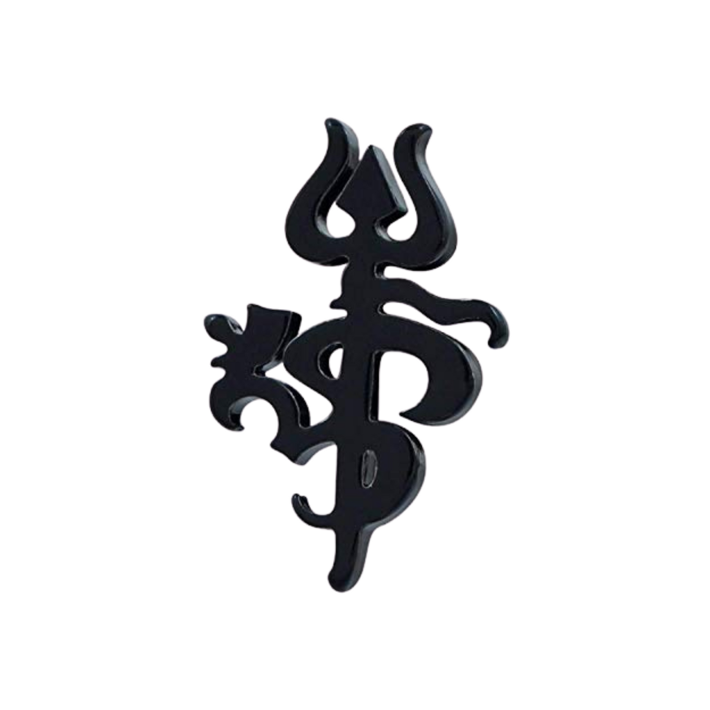 Black trishul om symbol on a white background