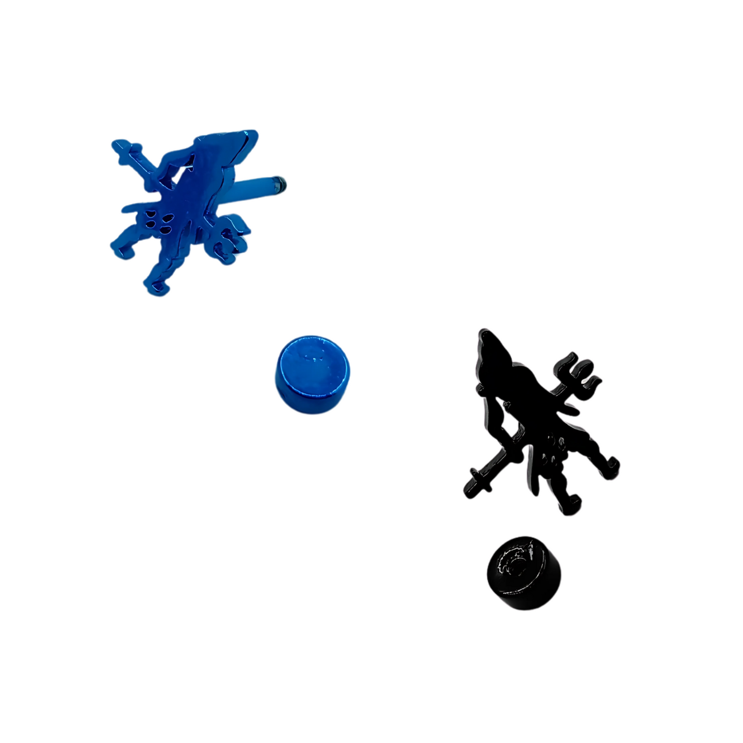 Two toy figures, one blue and one black, on a white background.