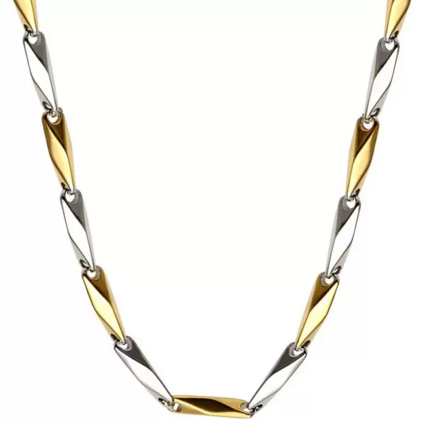 Two-tone gold and silver necklace on a white background
