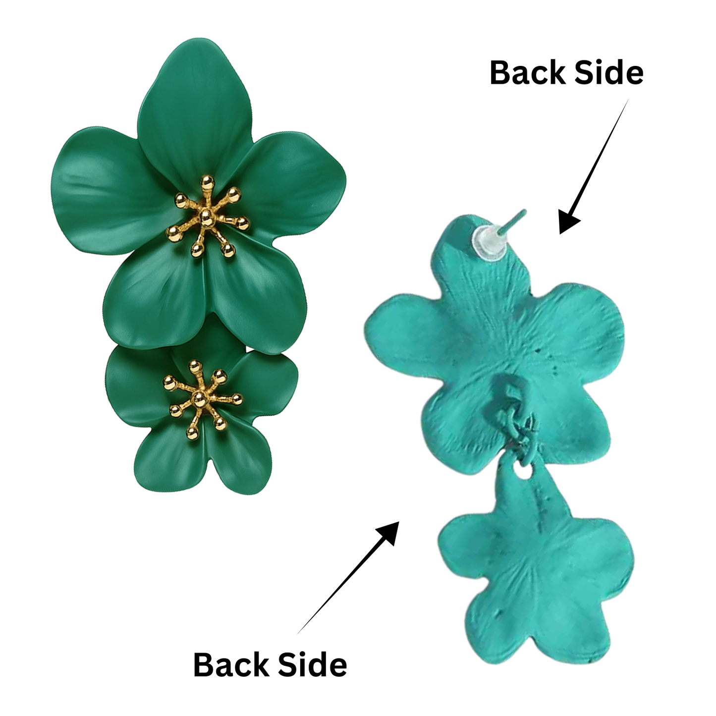 Green floral earrings with gold accents on a white background