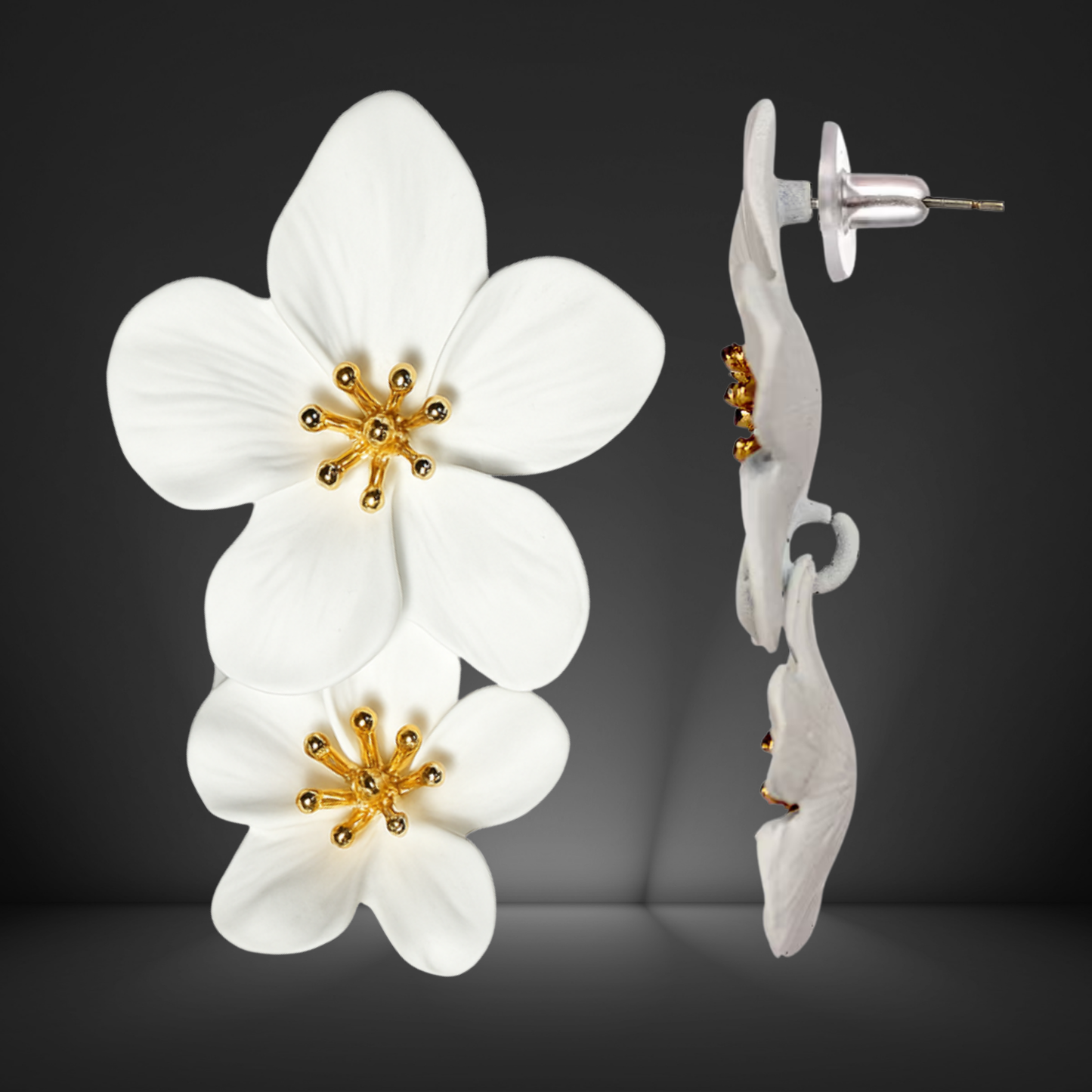 Floral earrings with white flowers and gold centers on a dark background
