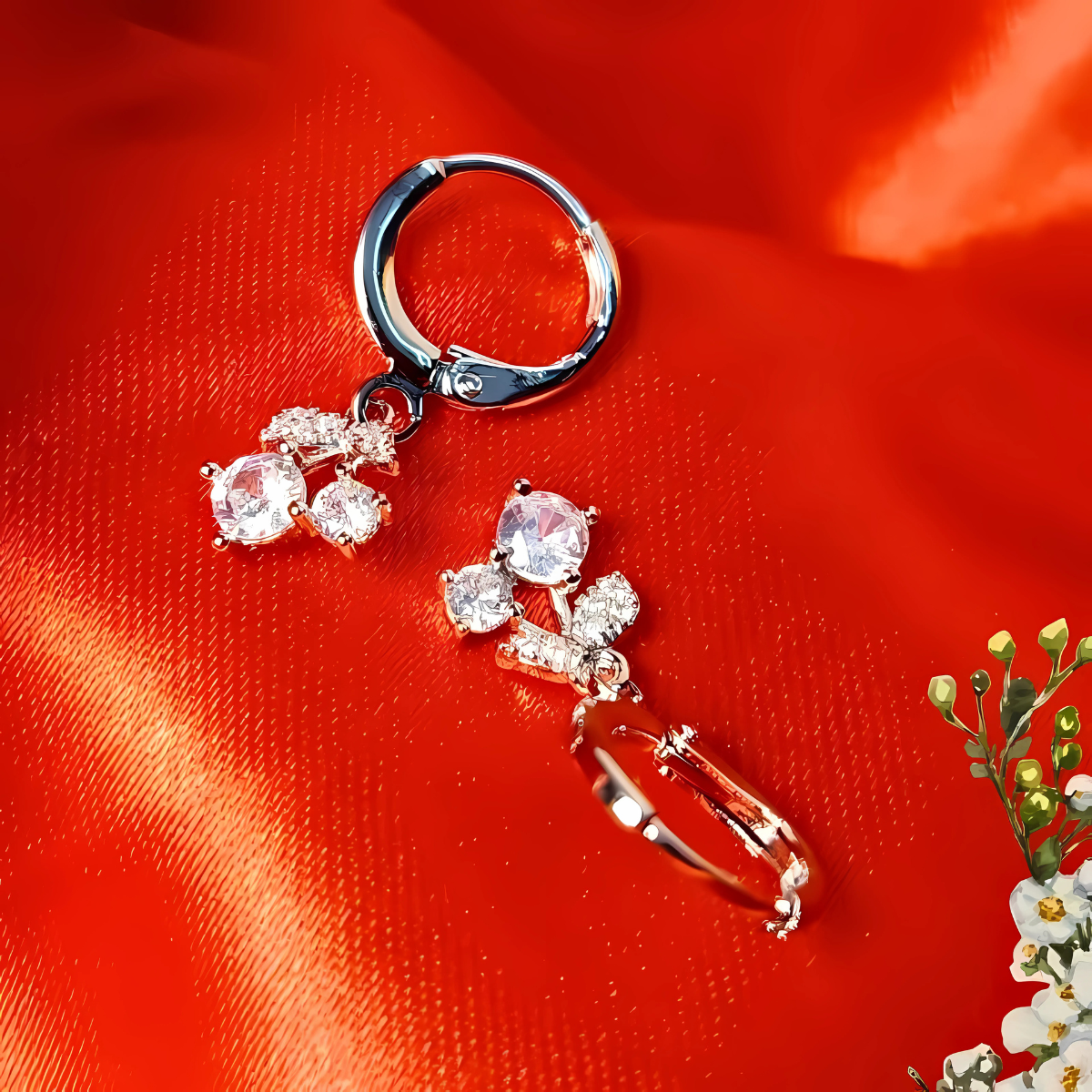 Silver hoop earrings with floral designs on a red fabric background