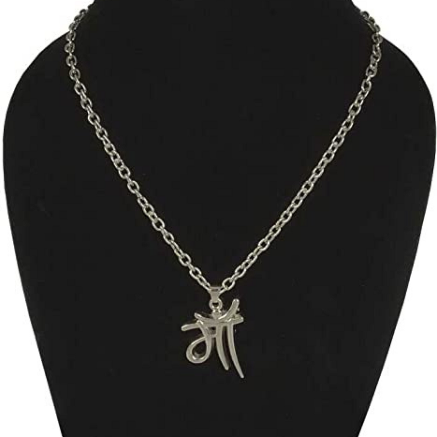 Silver necklace with a pendant on a black stand