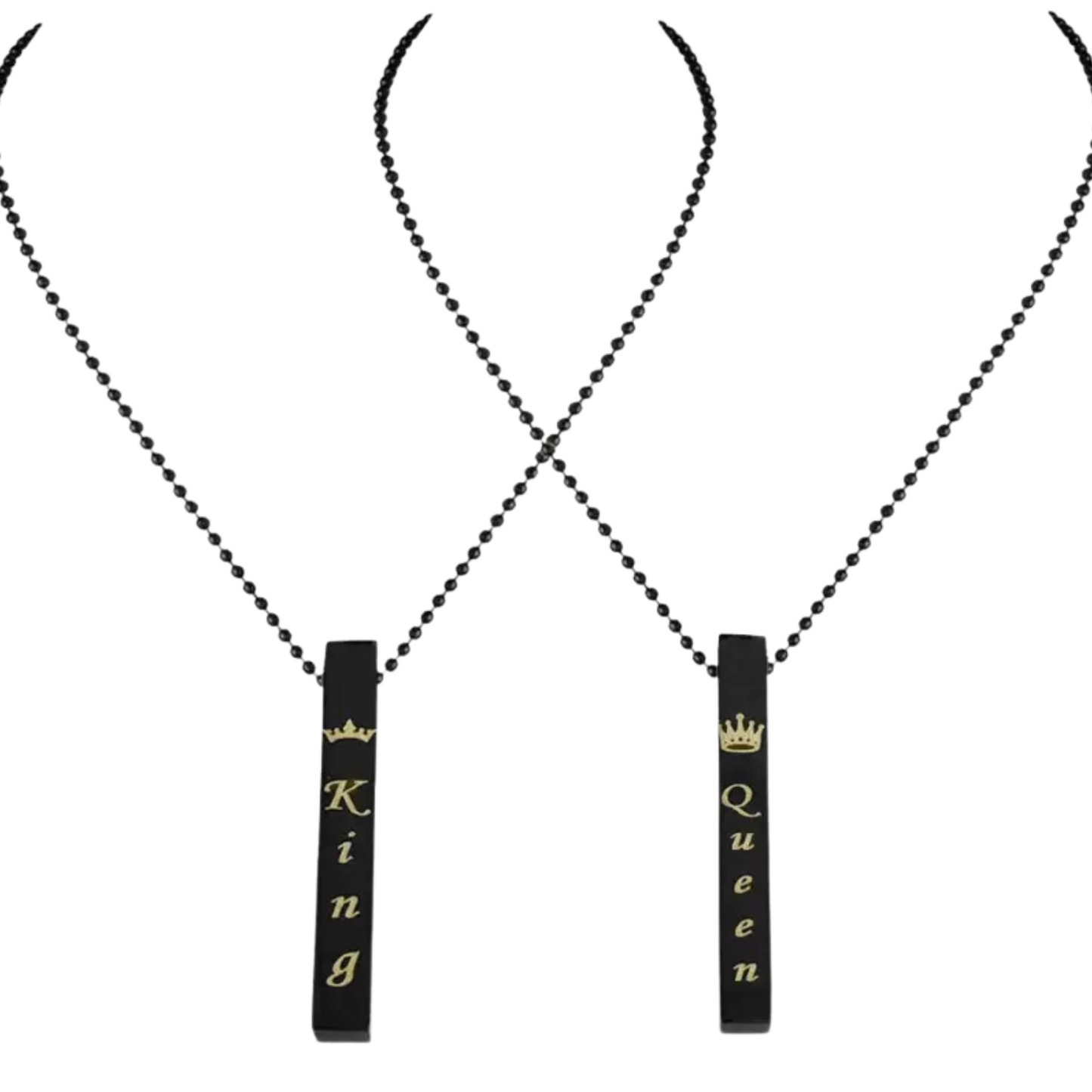 Two black necklaces with 'King' and 'Queen' pendants on a white background