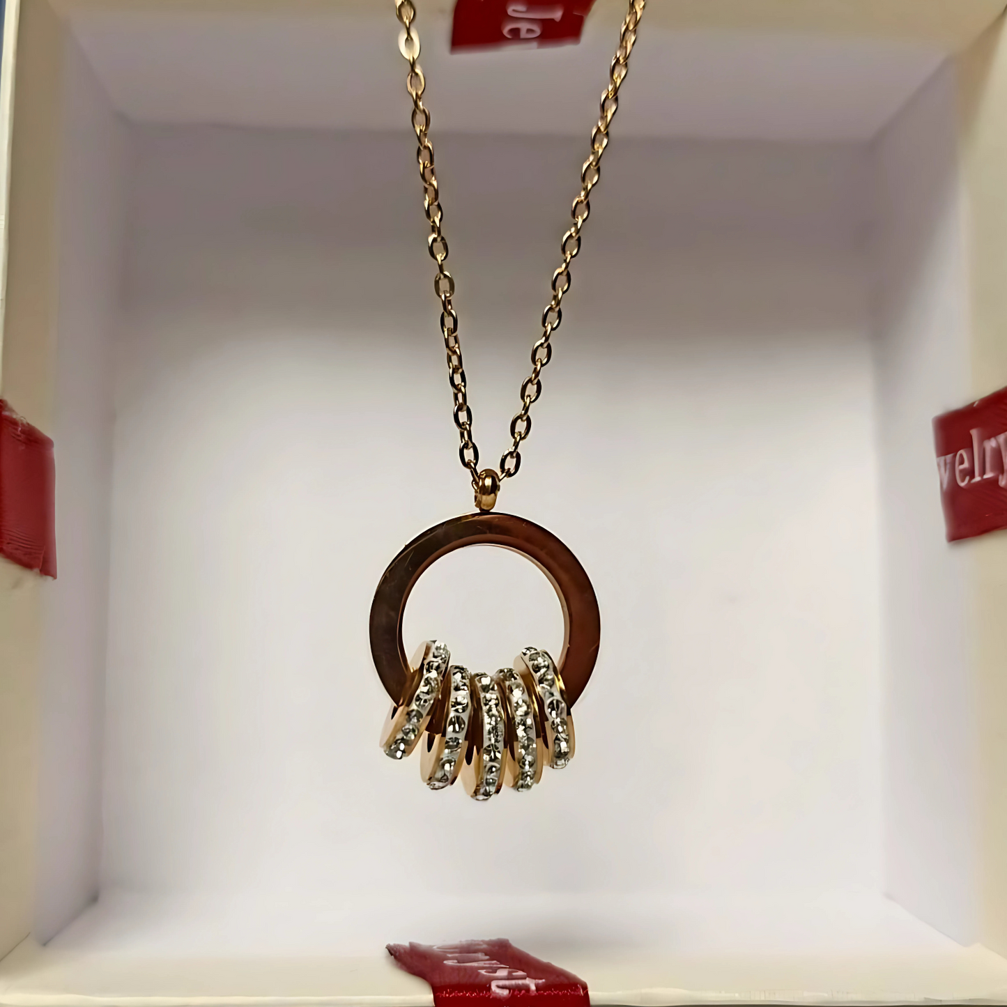 Necklace with a stainless steel pendant and hanging rings in a jewelry box.