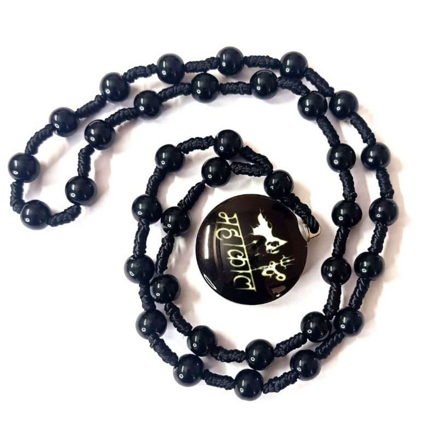 Black beaded necklace with a round pendant on a white background