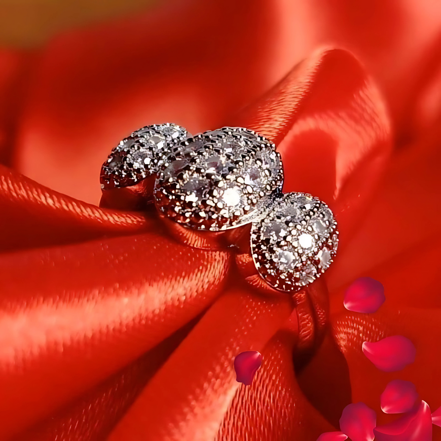 Silver earrings with gemstones on a red fabric background