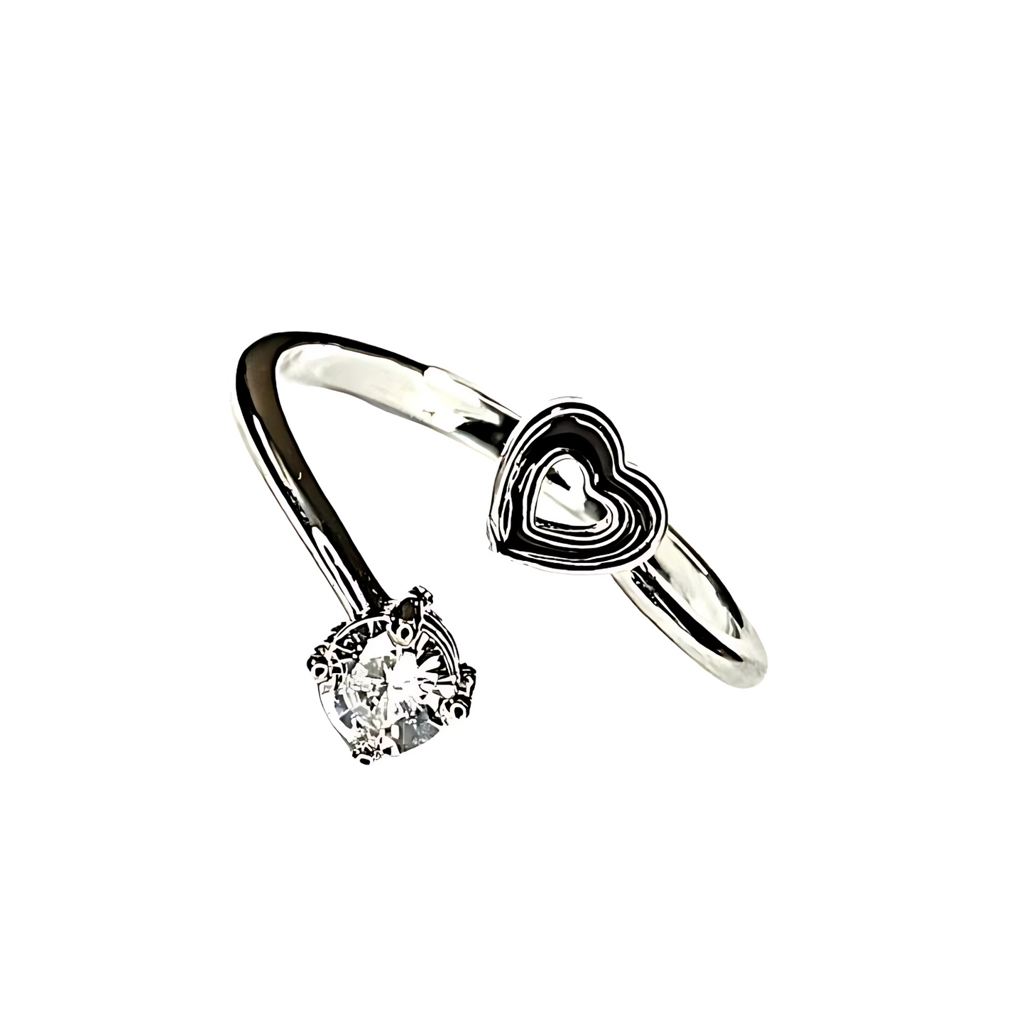 Silver ring with heart-shaped gemstone on a white background