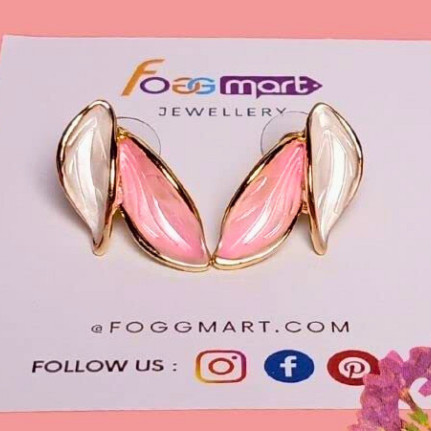 Pink and gold earrings on a Foggmart Jewellery card with a pink background