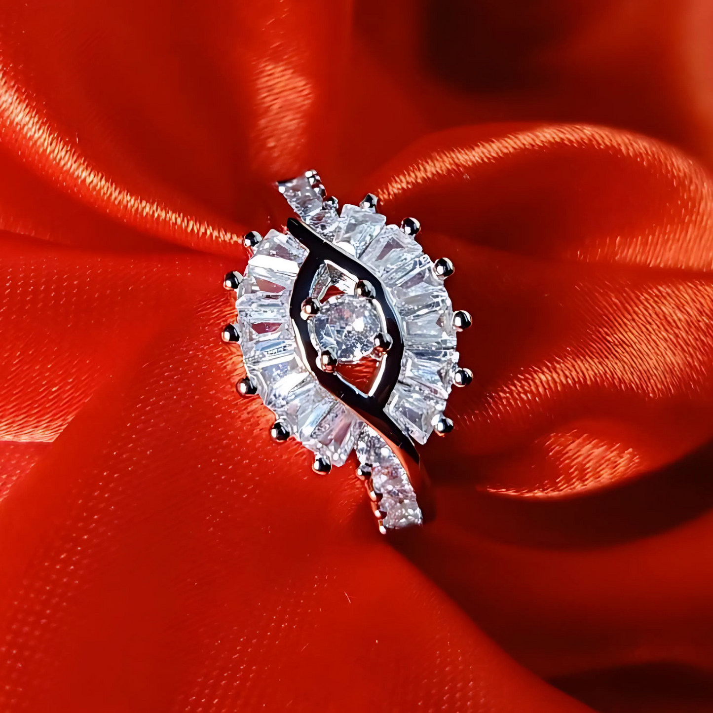 Diamond earring on a red fabric background