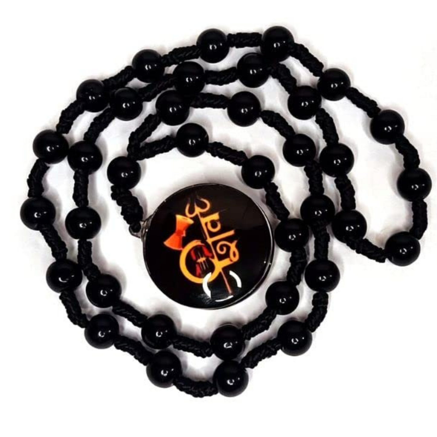 Black beaded necklace with a pendant featuring orange and red text on a white background