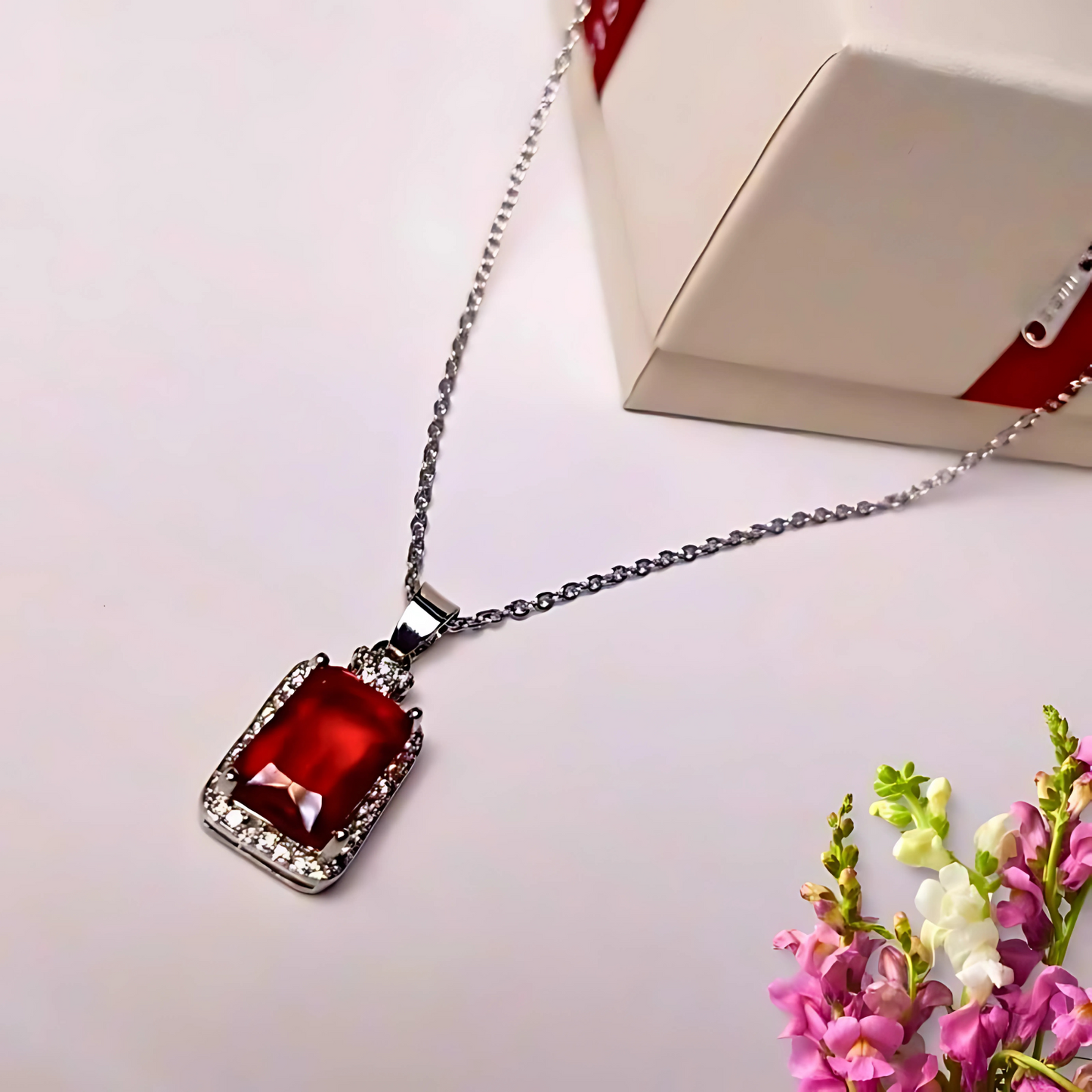 Necklace with a red gemstone pendant on a white surface with flowers and a box in the background