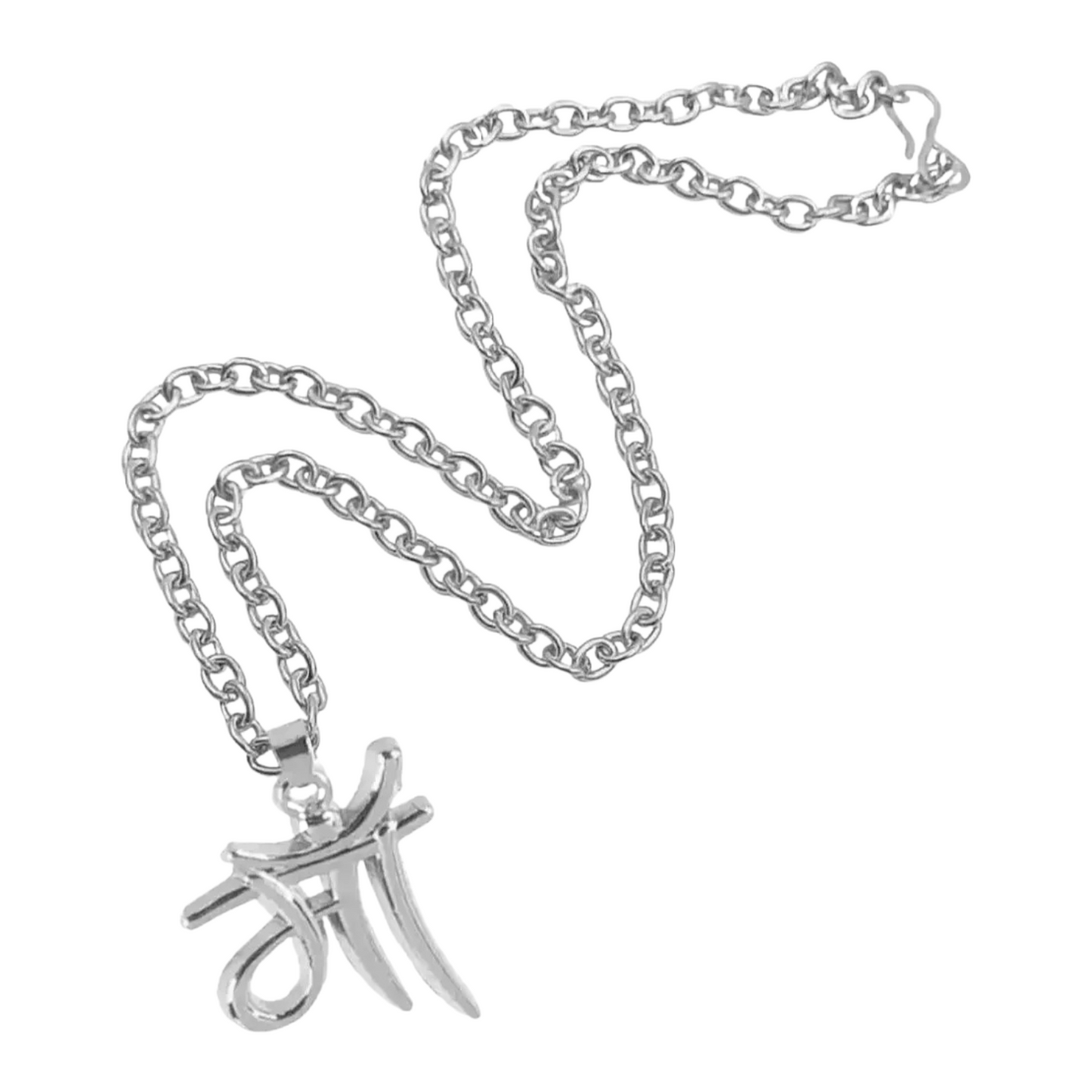 Silver necklace with a unique pendant on a white background