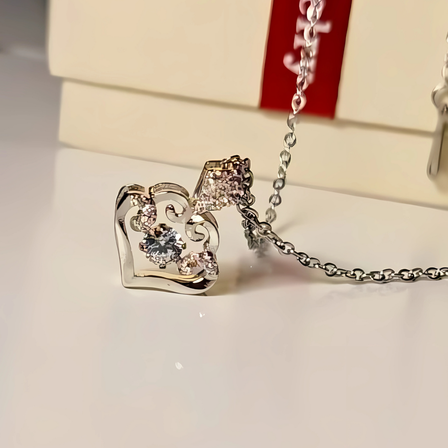 Silver heart-shaped pendant with chain on a light background