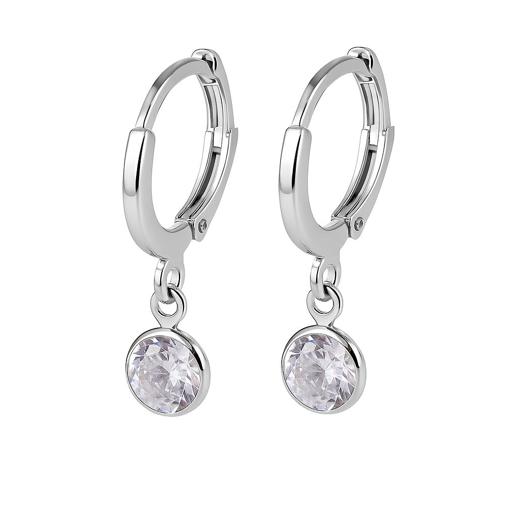 Silver hoop earrings with round crystal drops on a white background