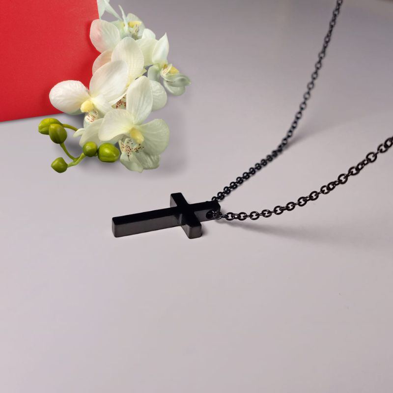 Jesus Cross Necklace, Black Stainless Steel, Lobster Clasp