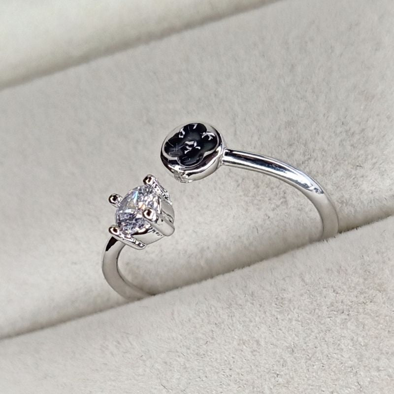 Black Flower & Diamond Design Adjustable Ring - Silver Color