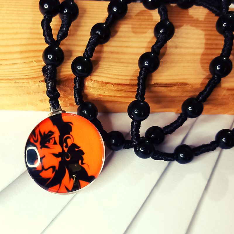 Lord Hanuman Round Glass Pendant with Black Beads Thread