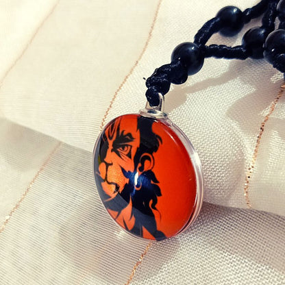 Lord Hanuman Round Glass Pendant with Black Beads Thread