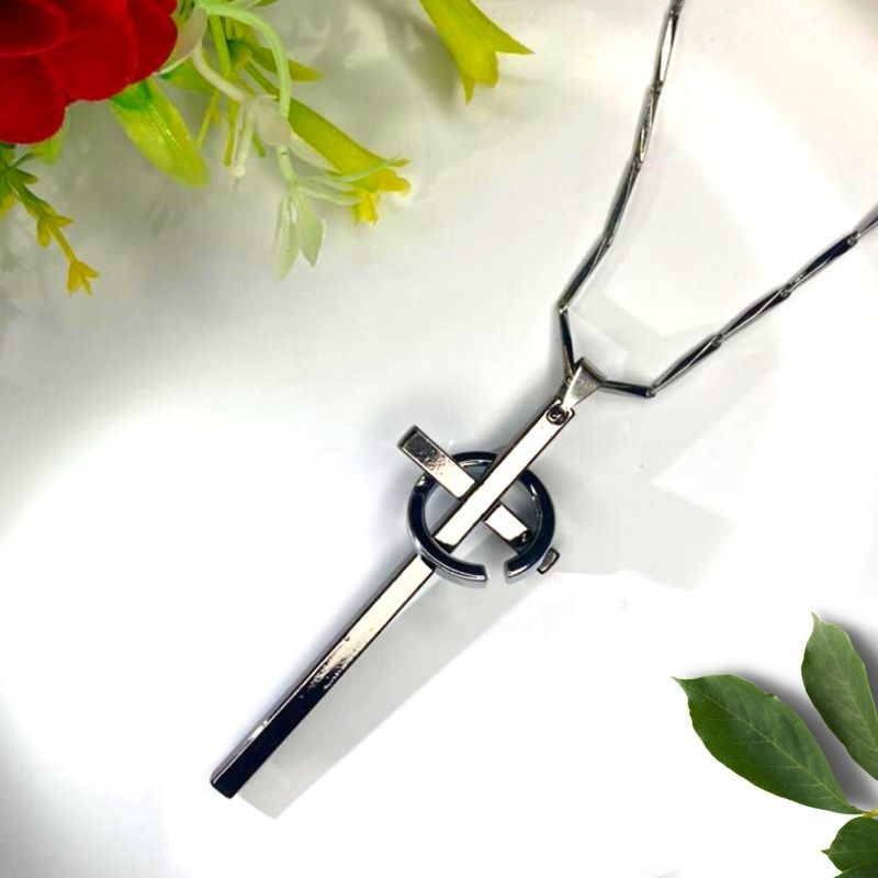 Jesus Cross Ring Pendant In Black Stainless Steel Long