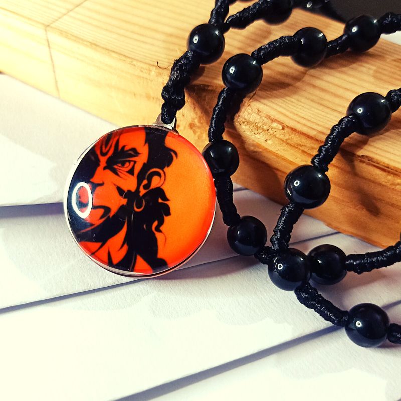 Lord Hanuman Round Glass Pendant with Black Beads Thread