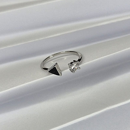 Stainless Steel Ring: Silver Color, Black Triangle, Diamond