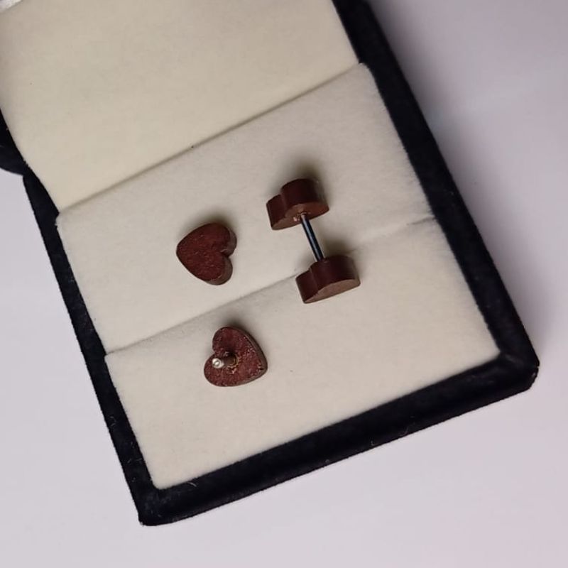 Wooden Heart Design Earrings Small Size Stainless Steel