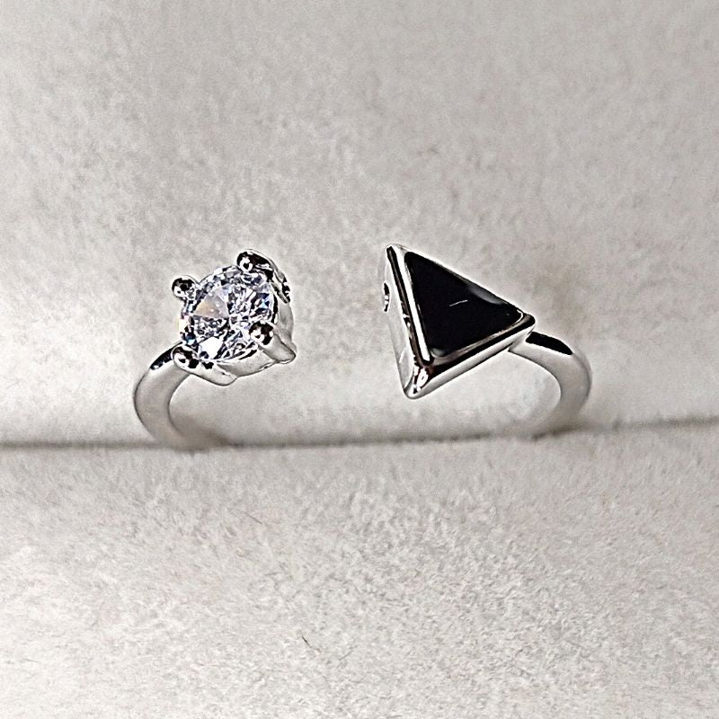 Stainless Steel Ring: Silver Color, Black Triangle, Diamond