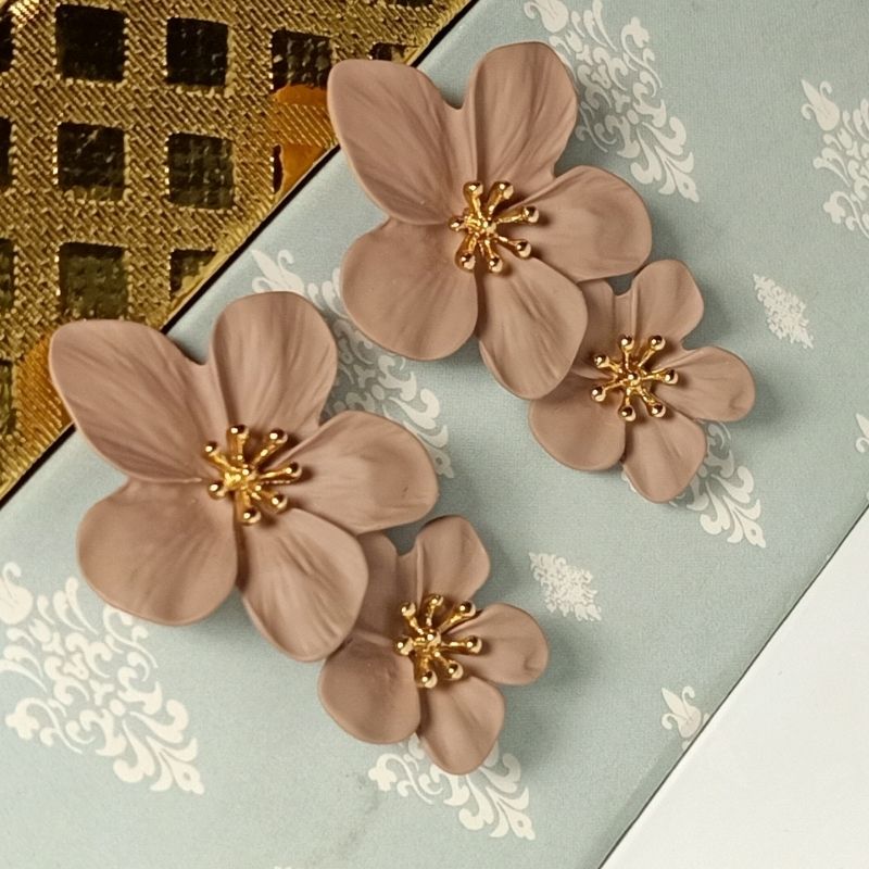 Unique Brown Flower Drop Earrings – Ceramic Brass Alloy