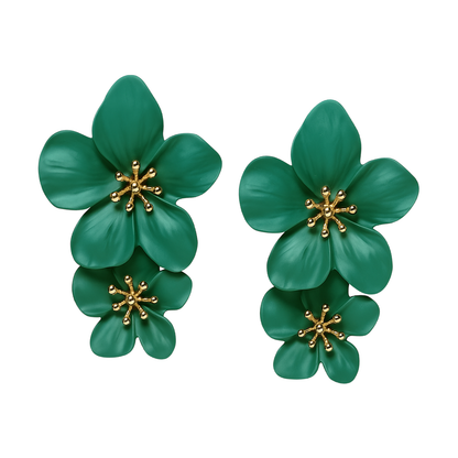 Green floral earrings with gold centers on a white background