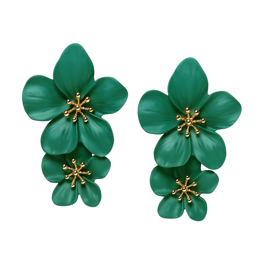 Green floral earrings with gold centers on a white background