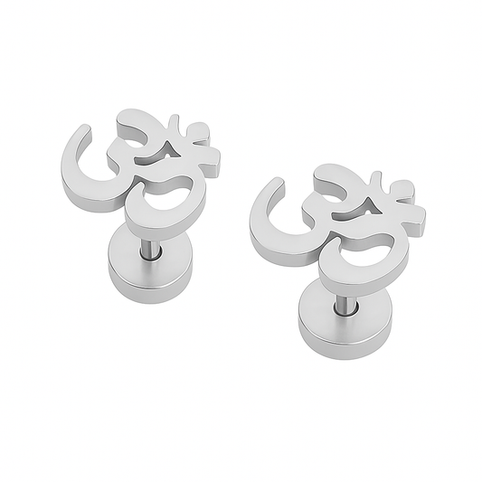 Pair of silver earrings with unique designs on a white background