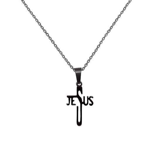 Necklace with a cross pendant inscribed with 'Jesus' on a white background