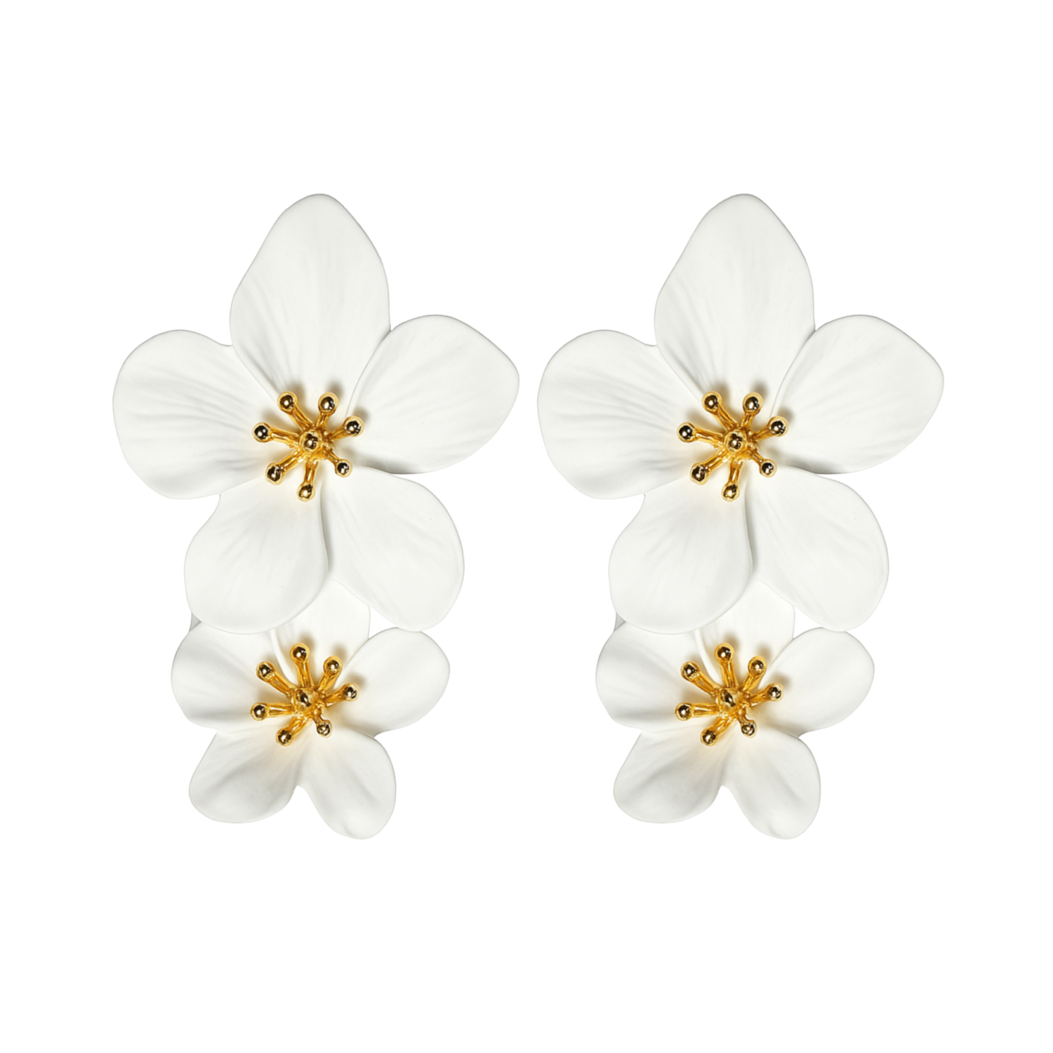 Pair of white flower-shaped earrings with gold centers on a white background