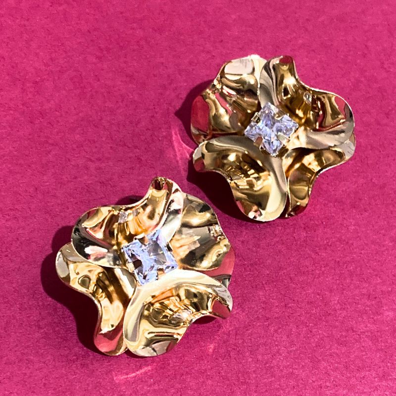 Unique Big Golden Stud Earrings with Diamond Inside