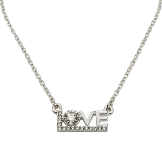 Silver necklace with 'LOVE' pendant on a white background