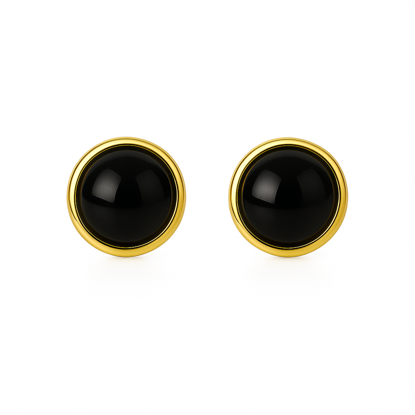 Pair of black round earrings with gold rims on a white background