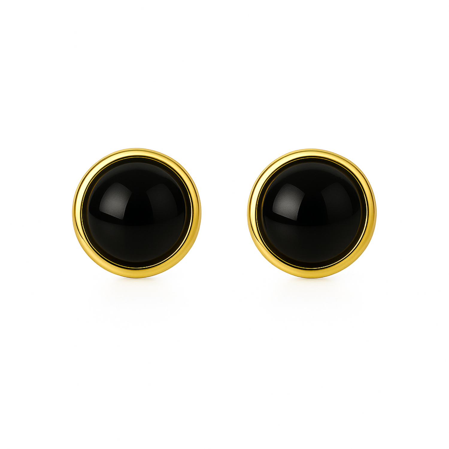 Pair of black round earrings with gold rims on a white background