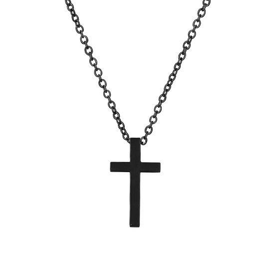 Black cross pendant on a chain against a white background