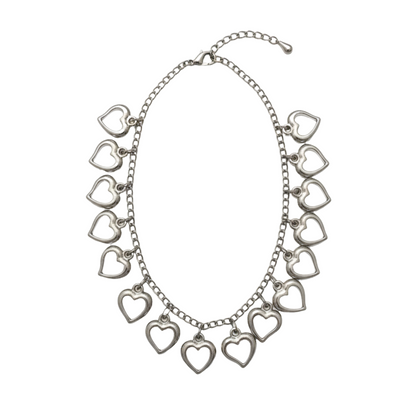 Silver necklace with heart-shaped pendants on a white background